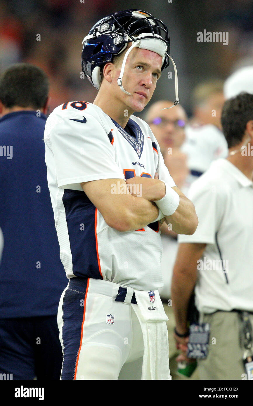 Houston, TX, USA. 22nd Aug, 2015. Denver Broncos quarterback Peyton Manning (18) looks up at the scoreboard while on the sidelines during the NFL preseason game between the Houston Texans and the Denver Broncos from NRG Stadium in Houston, TX. Credit image: Erik Williams/Cal Sport Media/Alamy Live News Stock Photo