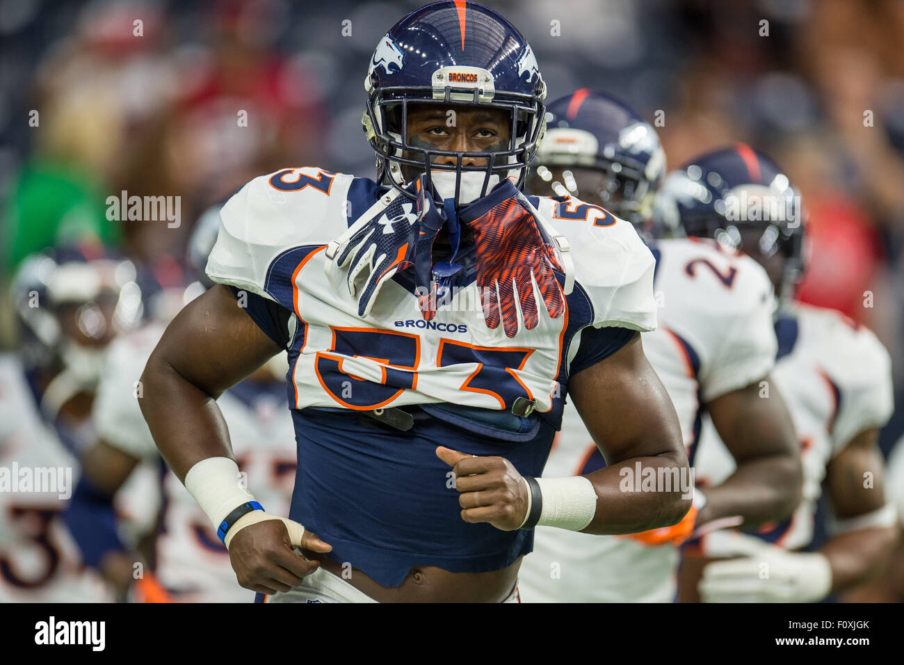 Houston, Texas, USA. 22nd Aug, 2015. Denver Broncos middle linebacker Steven Johnson (53) enters the field prior to an NFL preseason game between the Houston Texans and the Denver Broncos at NRG Stadium in Houston, TX on August 22nd, 2015. Credit:  Trask Smith/ZUMA Wire/Alamy Live News Stock Photo