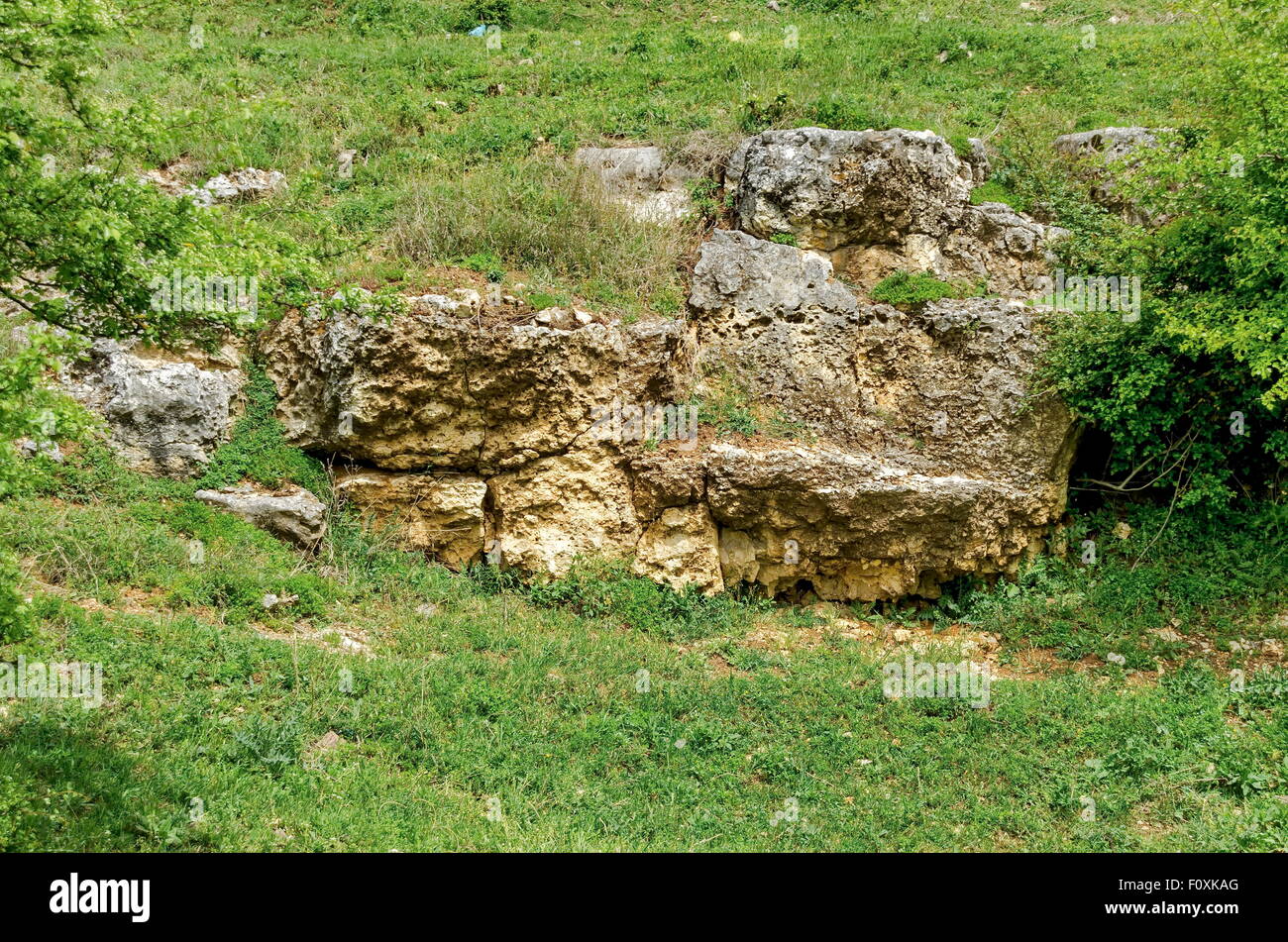 View to sedimentary rock in stonepit area at Zavet town, Bulgaria
