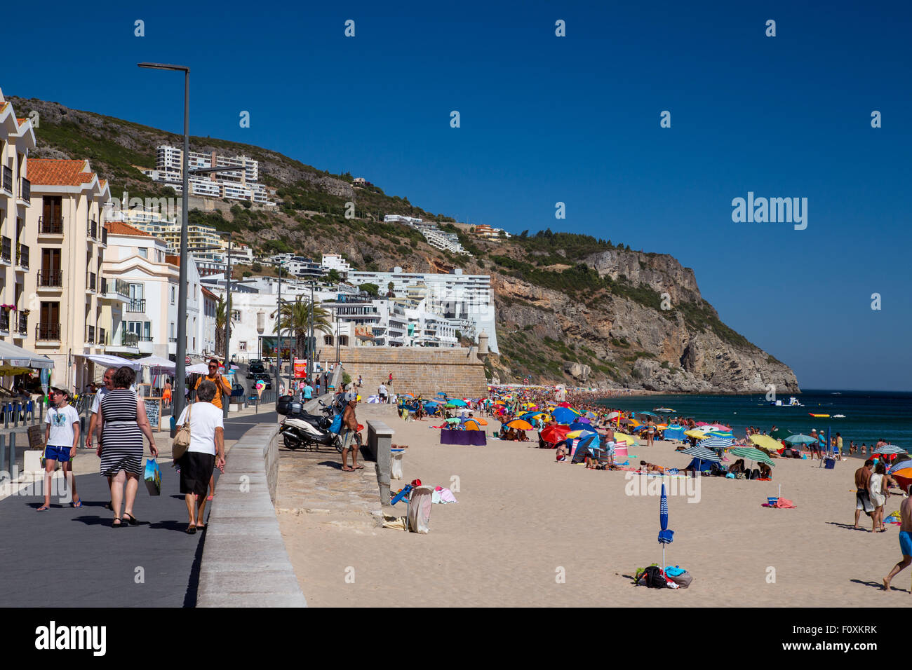 Sesimbra beach and town, Setubla peninsula, Portugal Stock Photo