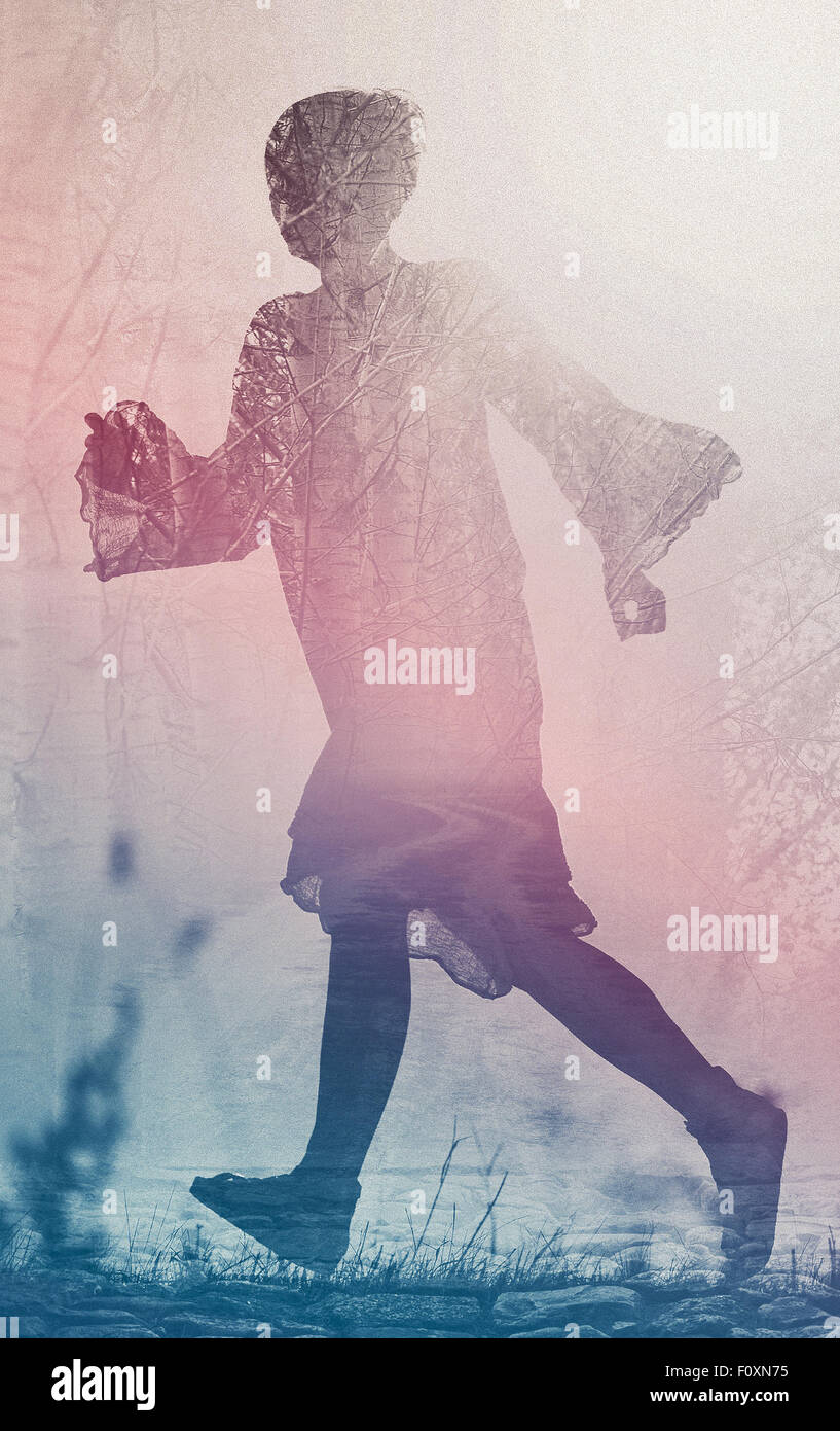Woman Running to Freedom Through Countryside Field, Silhouette of Female Person, Double Exposure, Vintage Retro Tone Effect. Stock Photo