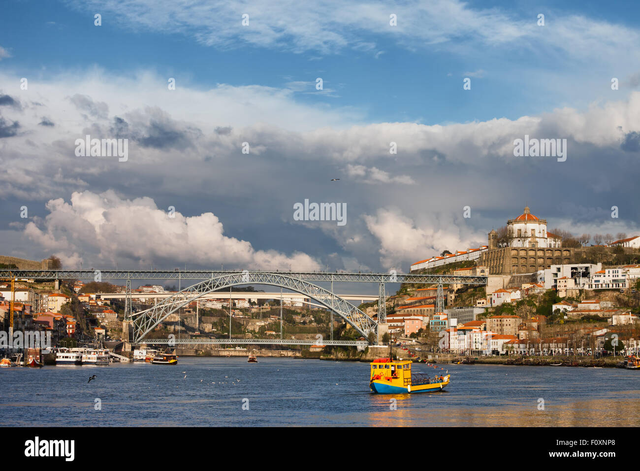 Gaia and Porto cityscape from river Douro in Portugal. Stock Photo