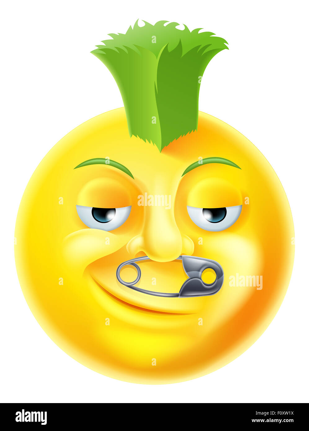 A cartoon punk emoji emoticon with green mohawk and a safety pin through his nose Stock Photo