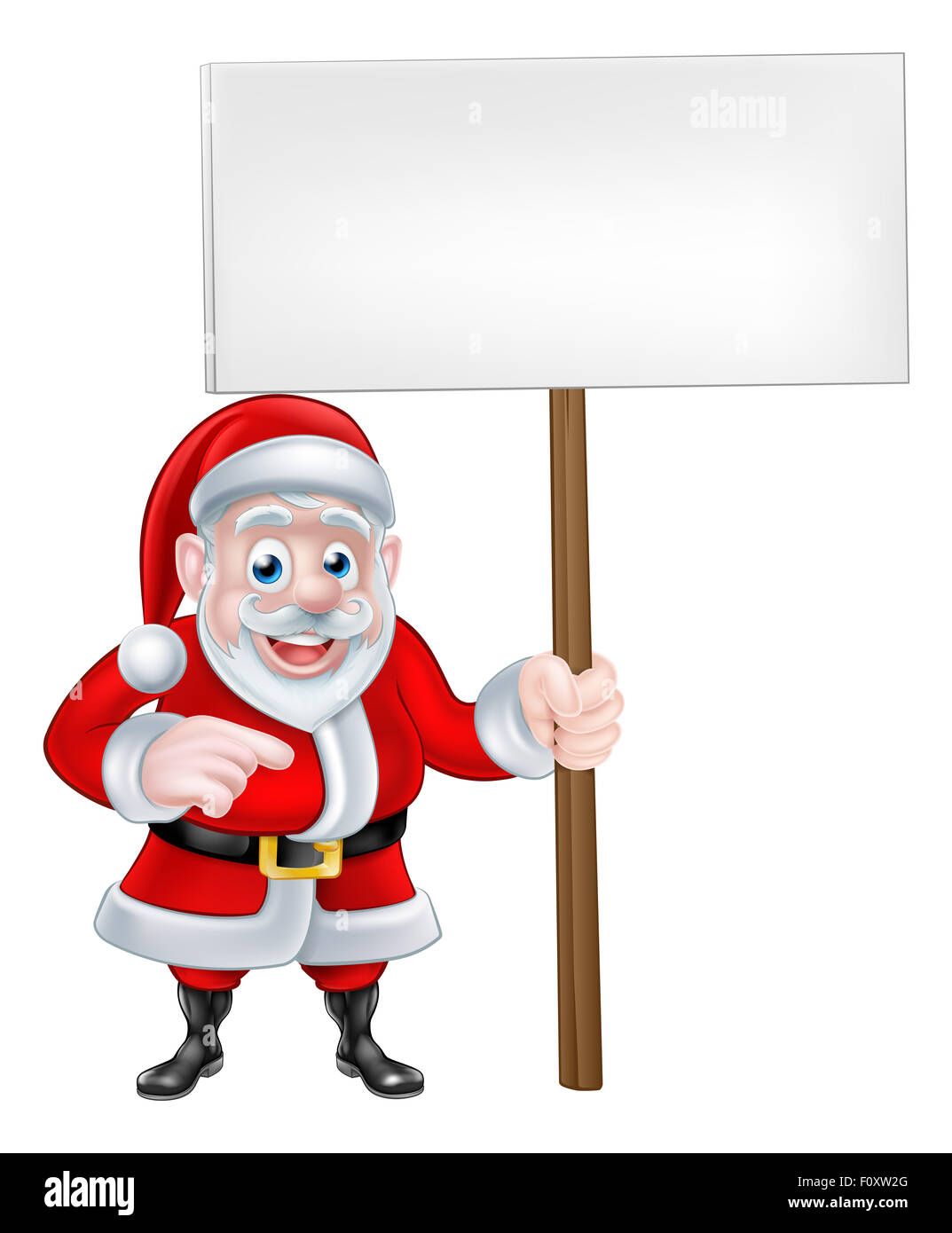 A Christmas cartoon of Santa Claus holding a sign and pointing Stock Photo