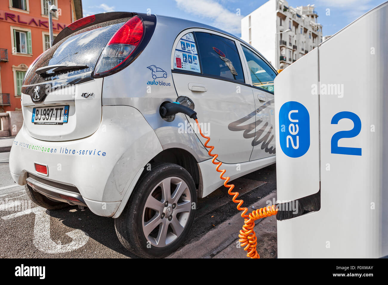 Electric car at Auto Bleue charging station in Nice, France Stock Photo