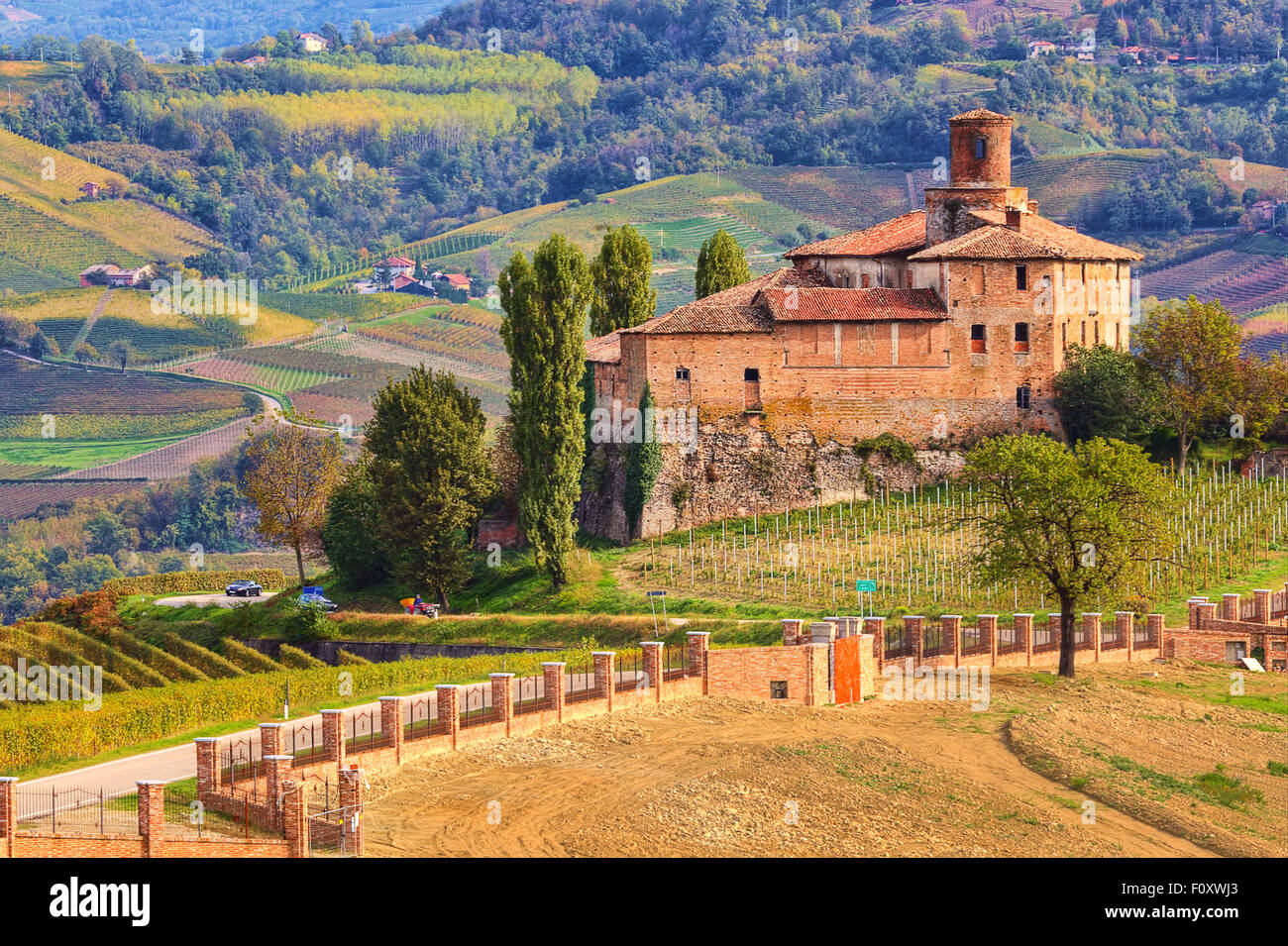 View of abandoned castle and autumnal vineyards of Langhe in Piedmont, Northern Italy. Stock Photo
