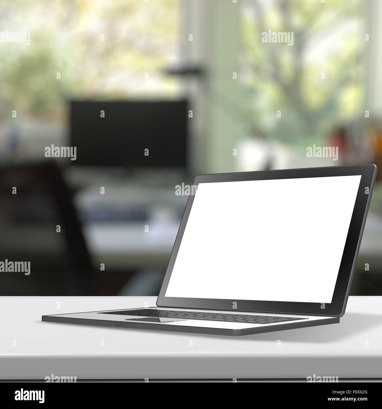 3d Laptop computer with blank screen on laminate table and blurred