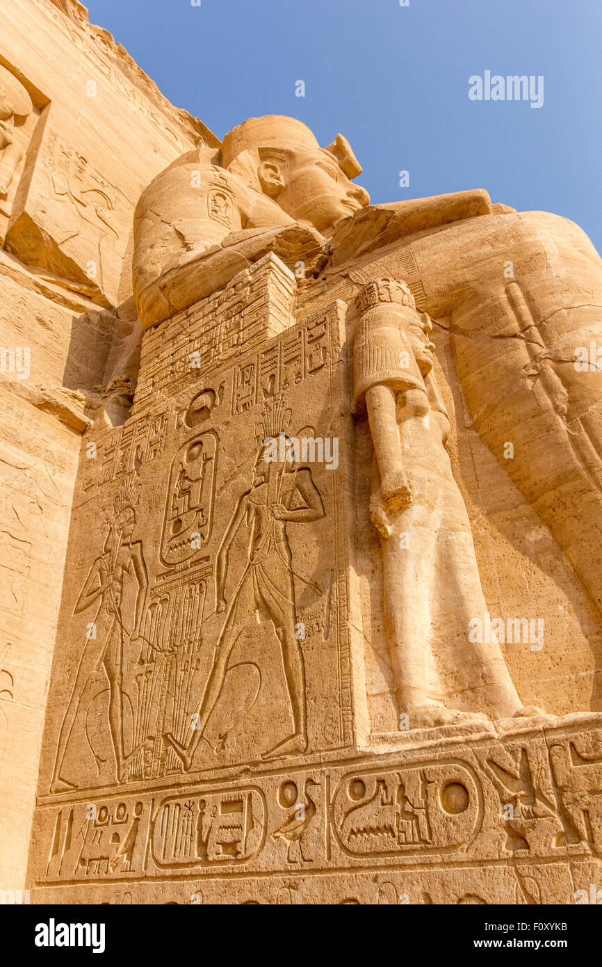 a vertical view of a detail of a relief of the colossus of Abu Simbel, Nubia, Egypt Stock Photo