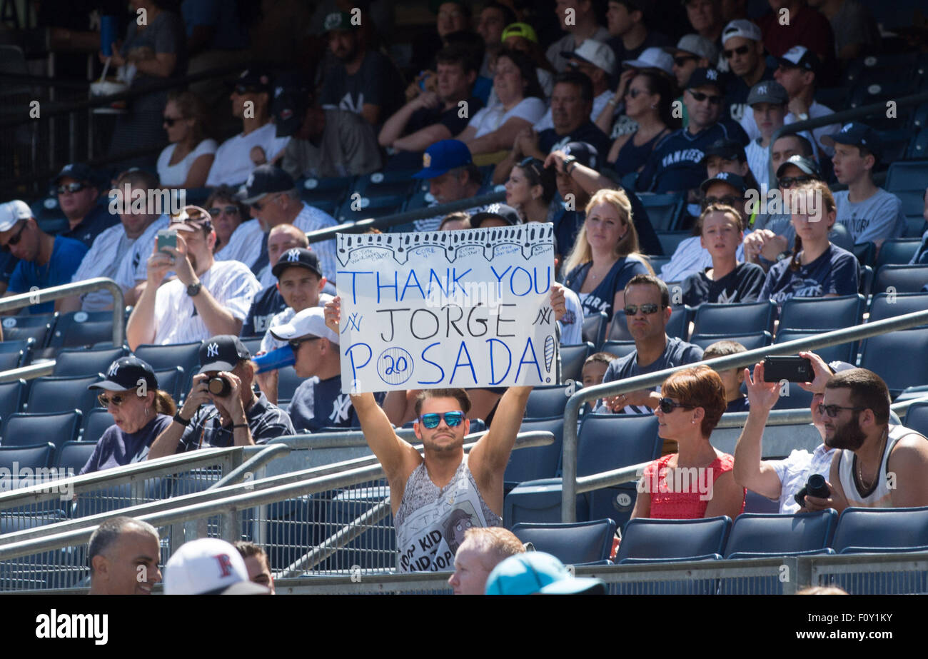 New York, New York, USA. 22nd Aug, 2015. Fans with signs as former Yankees' catcher Jorge Posada is honored with a plaque in Monument Park prior to the NY Yankees vs. Cleveland Indians, Yankee Stadium, Saturday August 22, 2015s. Credit:  Bryan Smith/ZUMA Wire/Alamy Live News Stock Photo