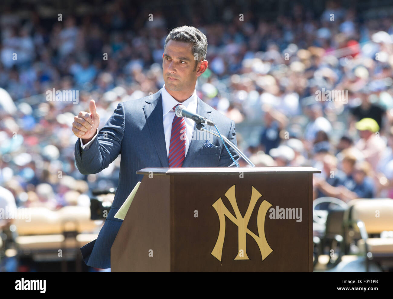 New York, New York, USA. 22nd Aug, 2015. Former Yankees' catcher JORGE POSADA is honored with a plaque in Monument Park prior to the NY Yankees vs. Cleveland Indians, Yankee Stadium, Saturday August 22, 2015. Credit:  Bryan Smith/ZUMA Wire/Alamy Live News Stock Photo