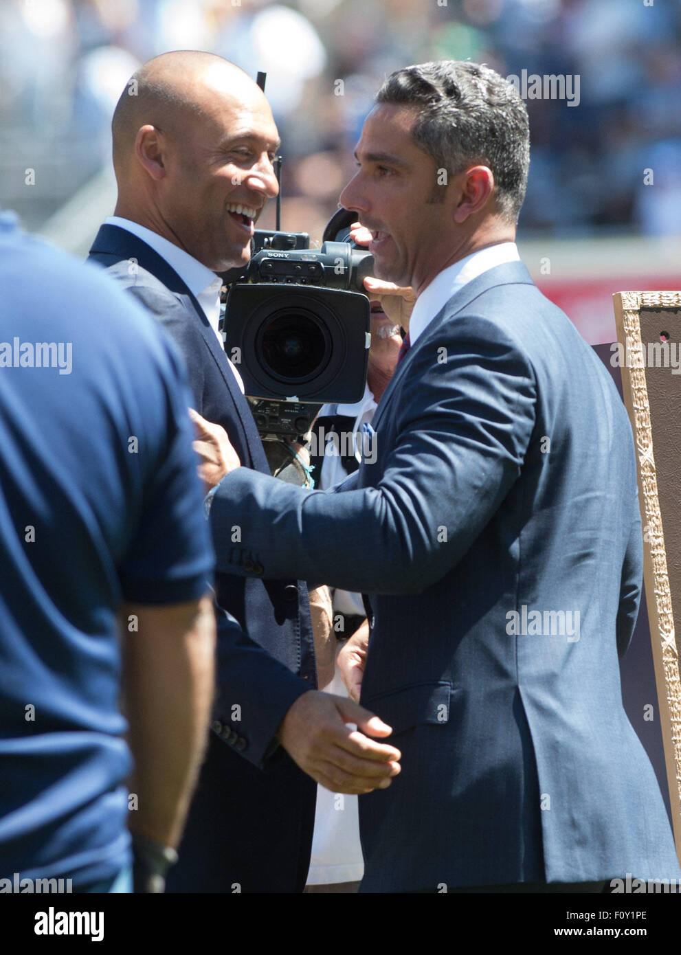 New York, New York, USA. 22nd Aug, 2015. DEREK JETER with former Yankees' catcher JORGE POSADA as he is honored with a plaque in Monument Park prior to the NY Yankees vs. Cleveland Indians, Yankee Stadium, Saturday August 22, 2015. Credit:  Bryan Smith/ZUMA Wire/Alamy Live News Stock Photo