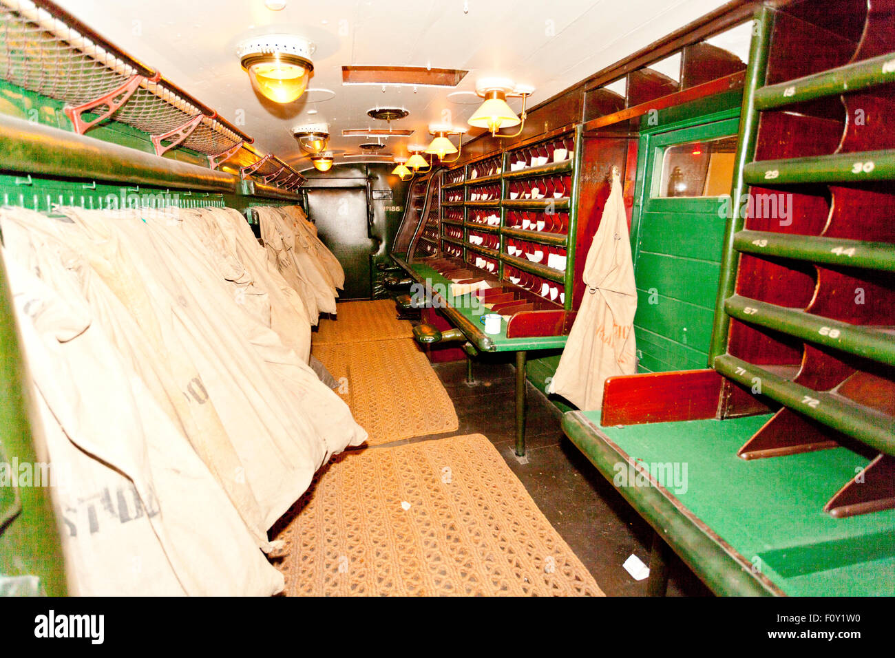 The interior of a travelling Post Office van in the National Railway Museum, York, England, UK Stock Photo