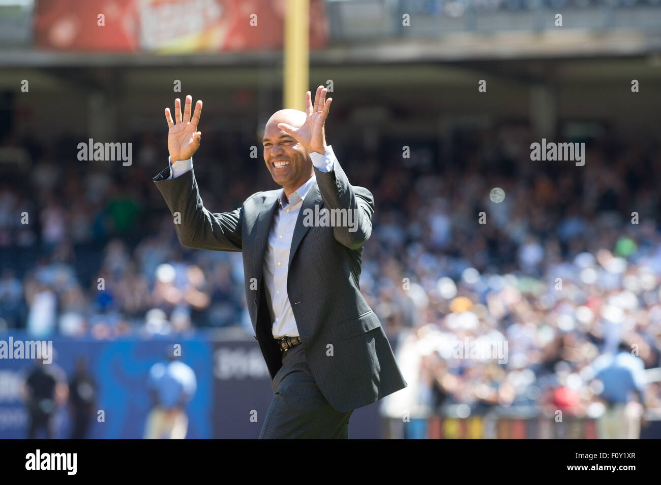 New York, New York, USA. 22nd Aug, 2015. Former Yankee manager MARIANO RIVERA is on hand as Yankees' catcher Jorge Posada is honored with a plaque in Monument Park prior to the NY Yankees vs. Cleveland Indians, Yankee Stadium, Saturday August 22, 2015. Credit:  Bryan Smith/ZUMA Wire/Alamy Live News Stock Photo
