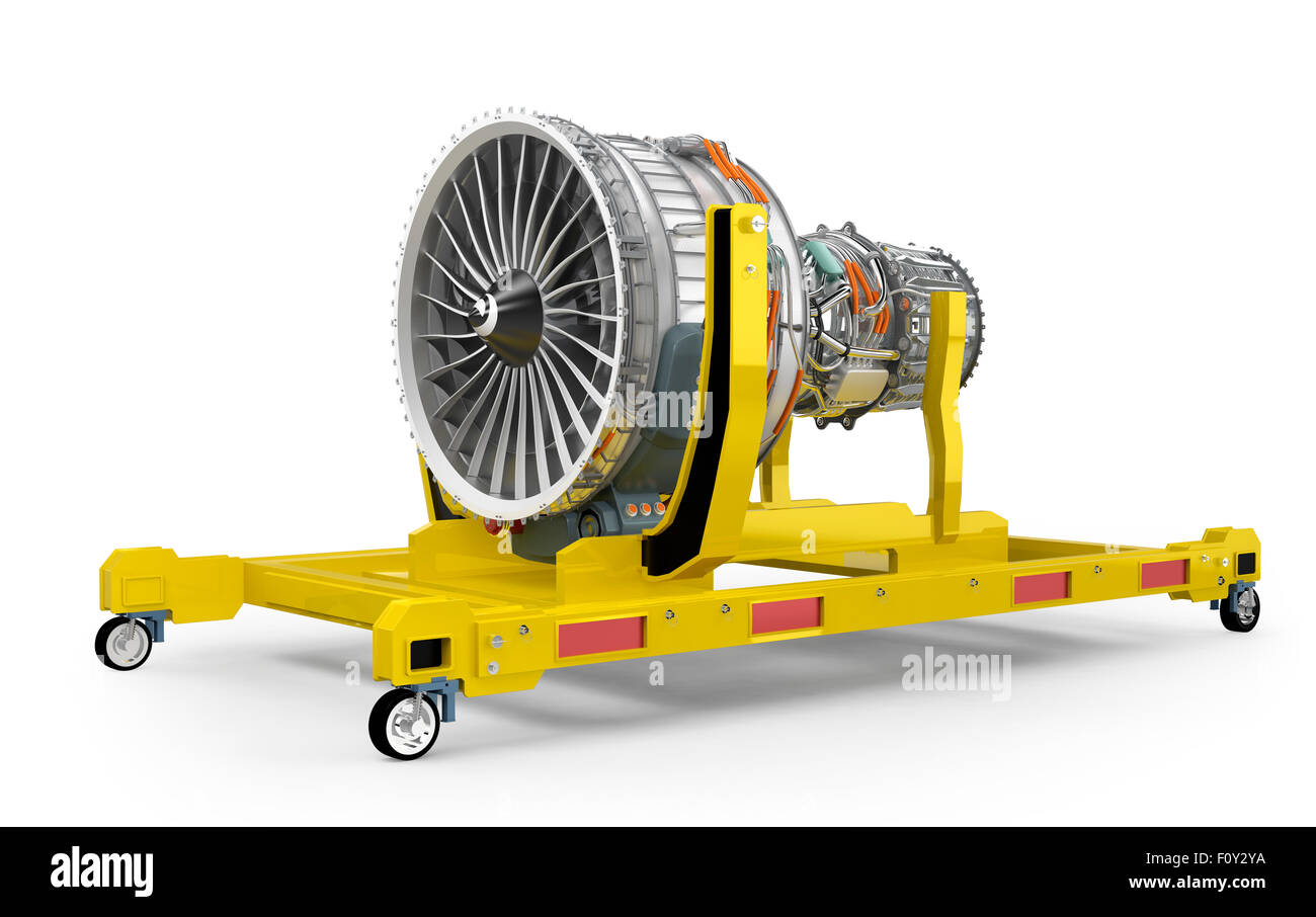 Jet fan engine on yellow engine stand isolated on white background. 3D