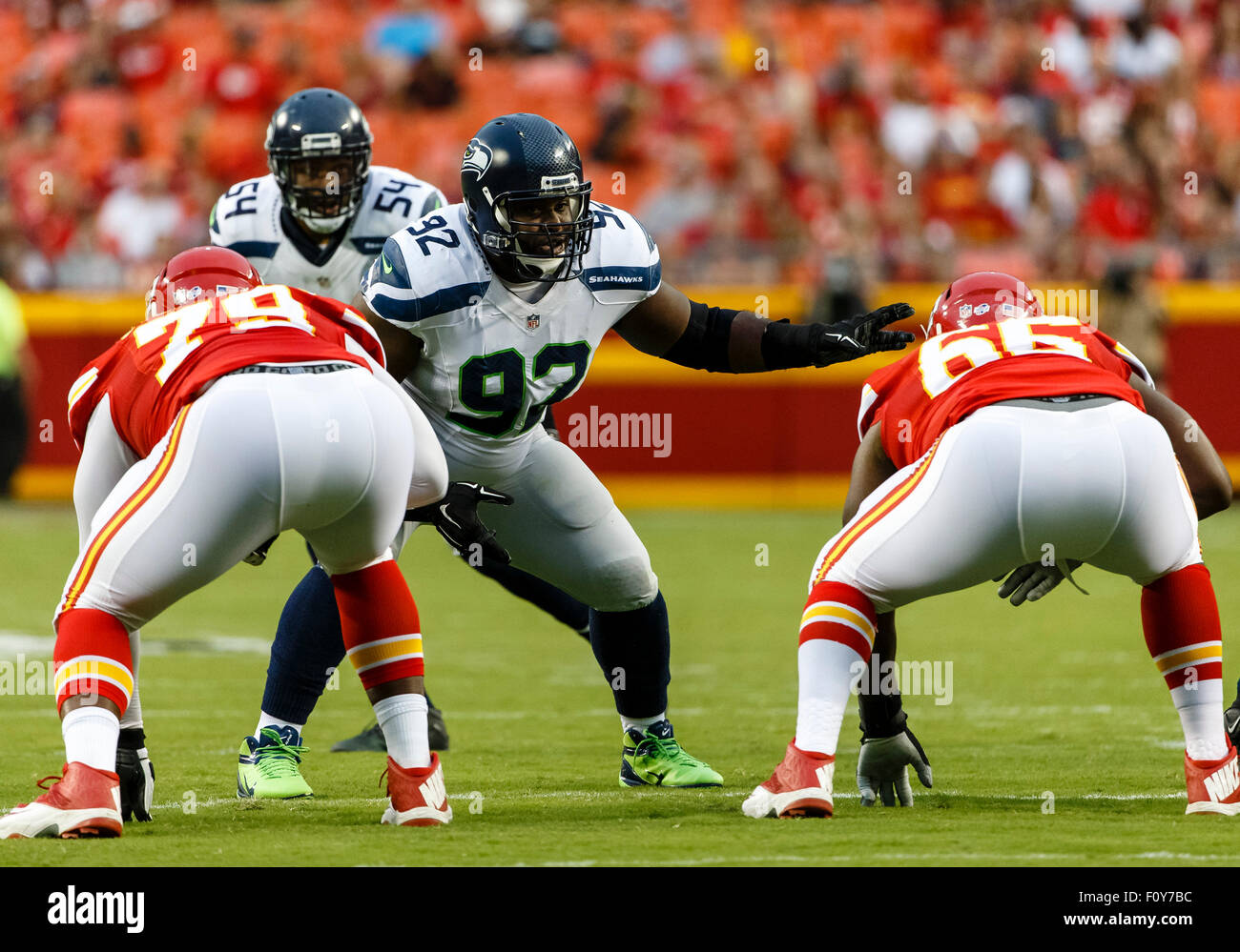 August 21, 2015: Seattle Seahawks defensive tackle Brandon Mebane (92) on the line of scrimmage during the NFL preseason game between the Seattle Seahawks and the Kansas City Chiefs at Arrowhead Stadium in Kansas City, MO Tim Warner/CSM. Stock Photo