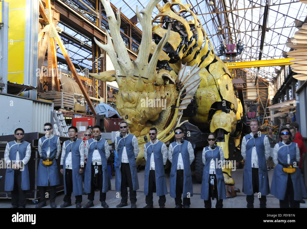 Nantes, France. 22nd Aug, 2015. Engineers pose for photos with the