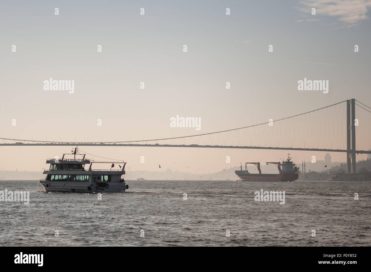Ferry Boats on the sea of Bosphorus from Cengelkoy, Istanbul Stock Photo