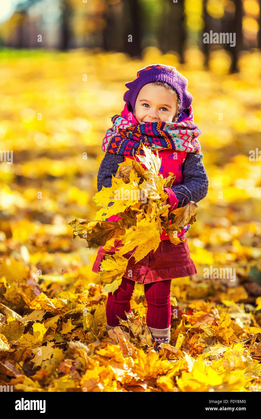 Little girl playing with autumn leaves Stock Photo - Alamy