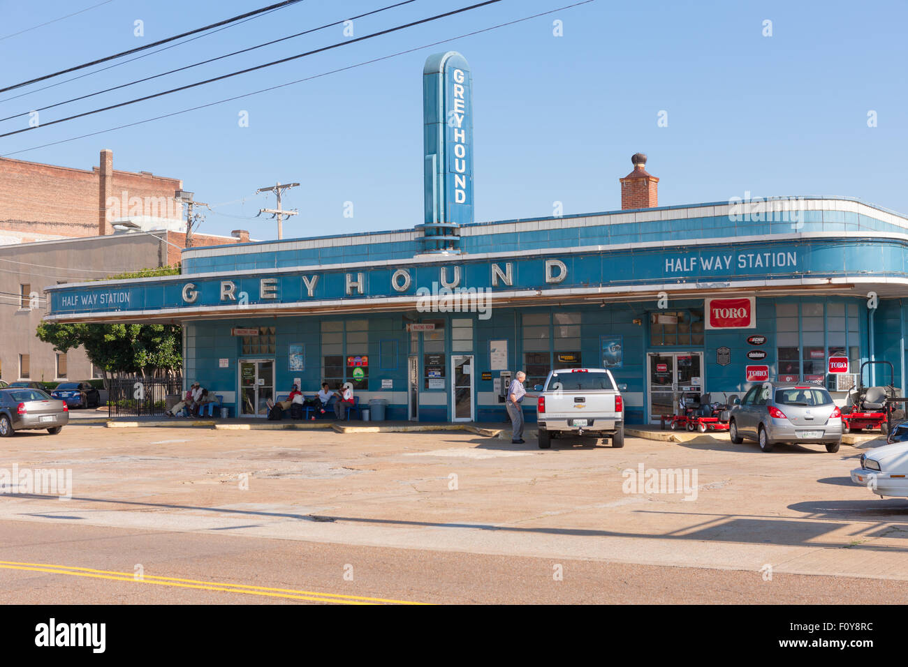 Passengers wait for their bus at the historic Greyhound Bus Station in Jackson, Tennessee. Stock Photo