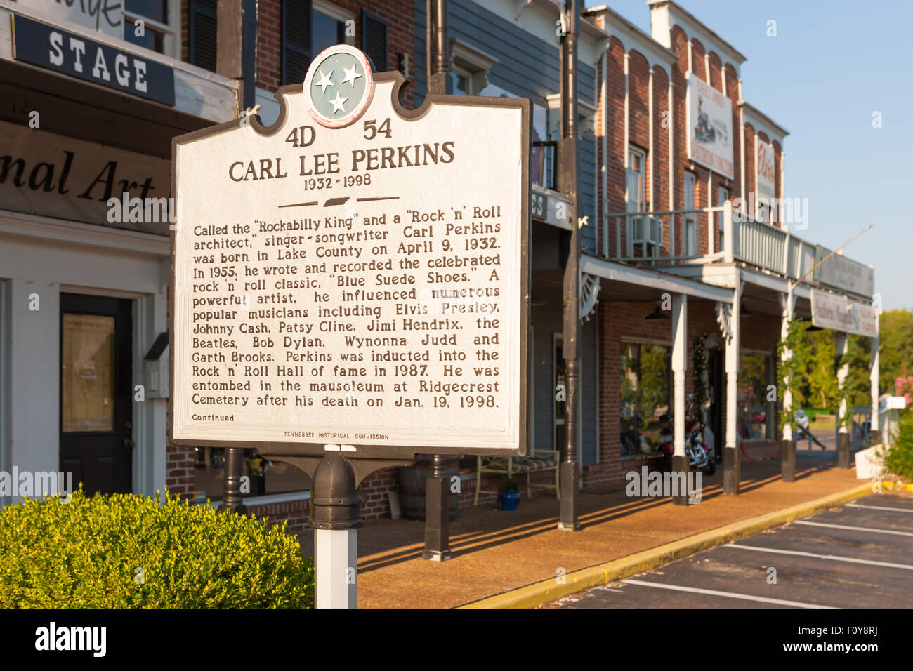 Historical marker commemorating Carl Lee Perkins in Casey Jones Village in Jackson, Tennessee