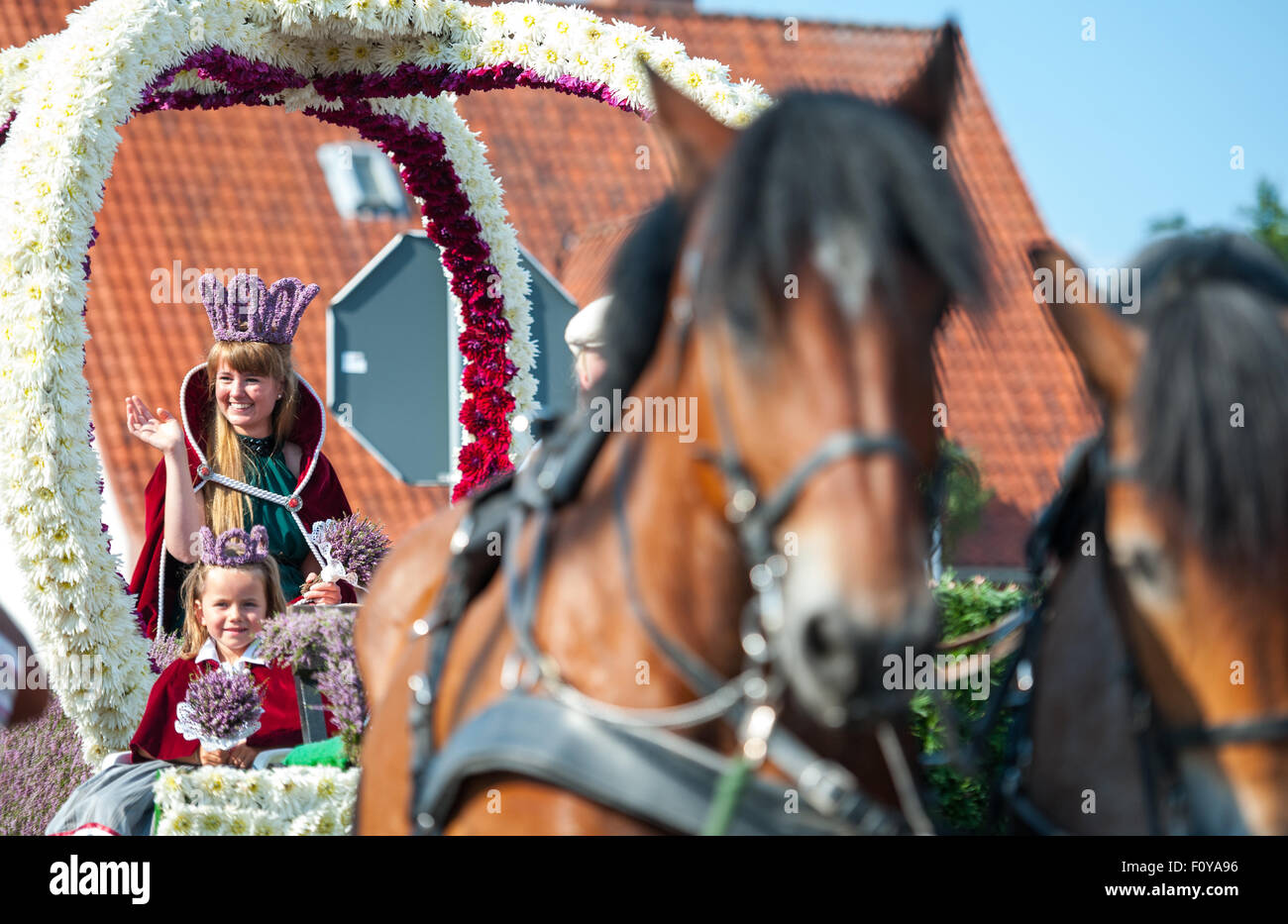 Amelinghausen, Germany. 23rd Aug, 2015. 22-year-old Victoria Glaser smiles as she sits on a float after being elected the new Heather Queen in Amelinghausen, Germany, 23 August 2015. The annual Heather Blossom Festival culminates in the election of the Heather Queen. After the coronation, a precession featuring festively decorated floats, music bands and other groups is held in the town. The new Heather Queen will now represent the region across Germany for a year. PHoto: PHILIPP SCHULZE/dpa/Alamy Live News Stock Photo