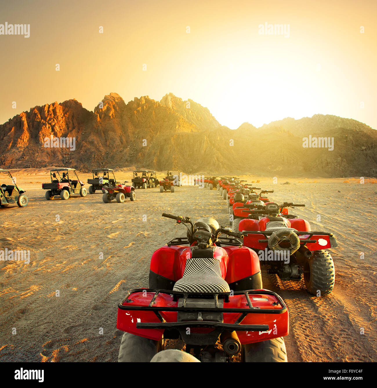 Quad bikes in desert at the sunset Stock Photo