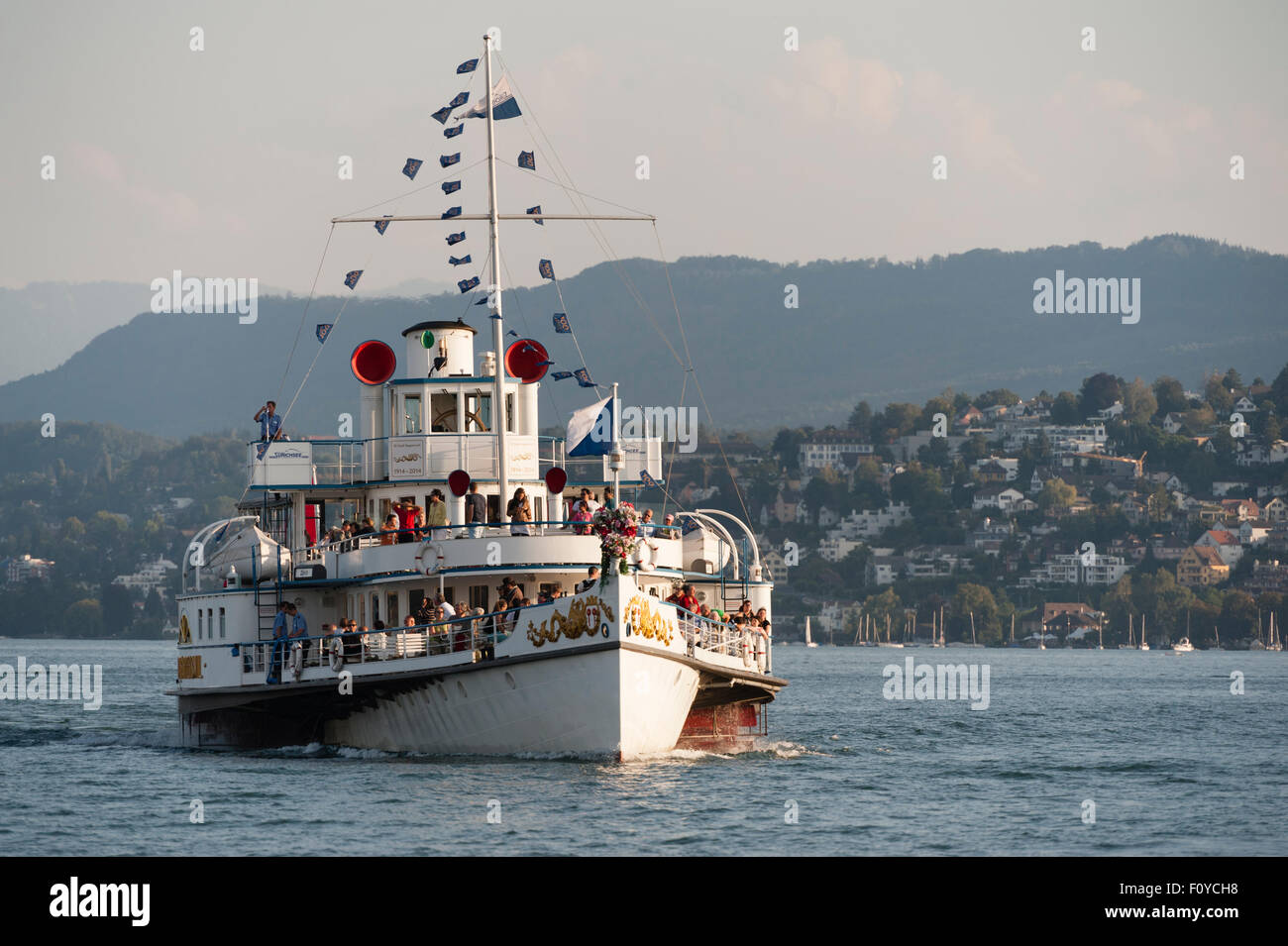 The historic paddle wheel steam boat "Stadt Rapperswil" on Lake Zurich