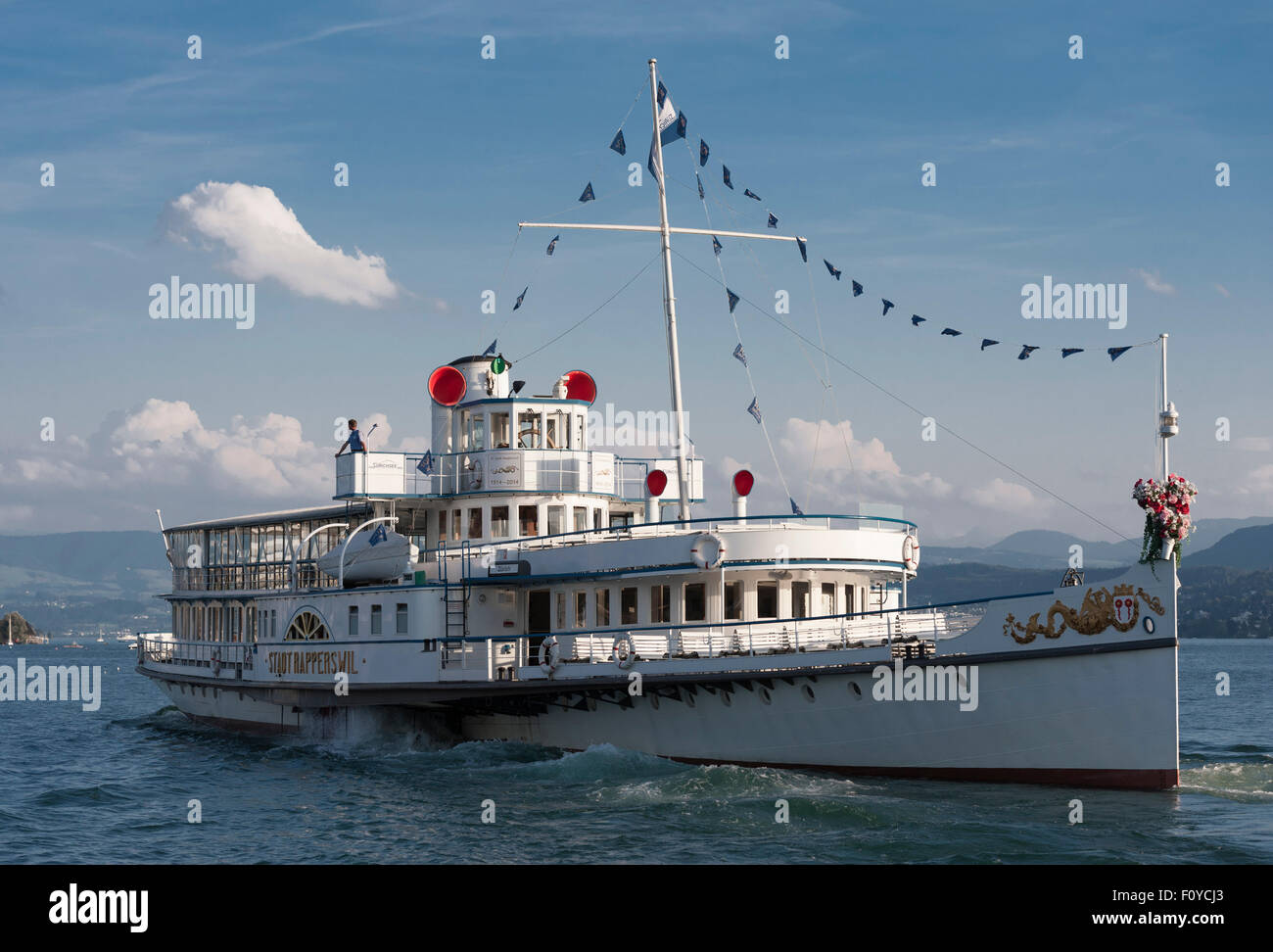 The historic paddle wheel steam boat "Stadt Rapperswil" on Lake Zurich