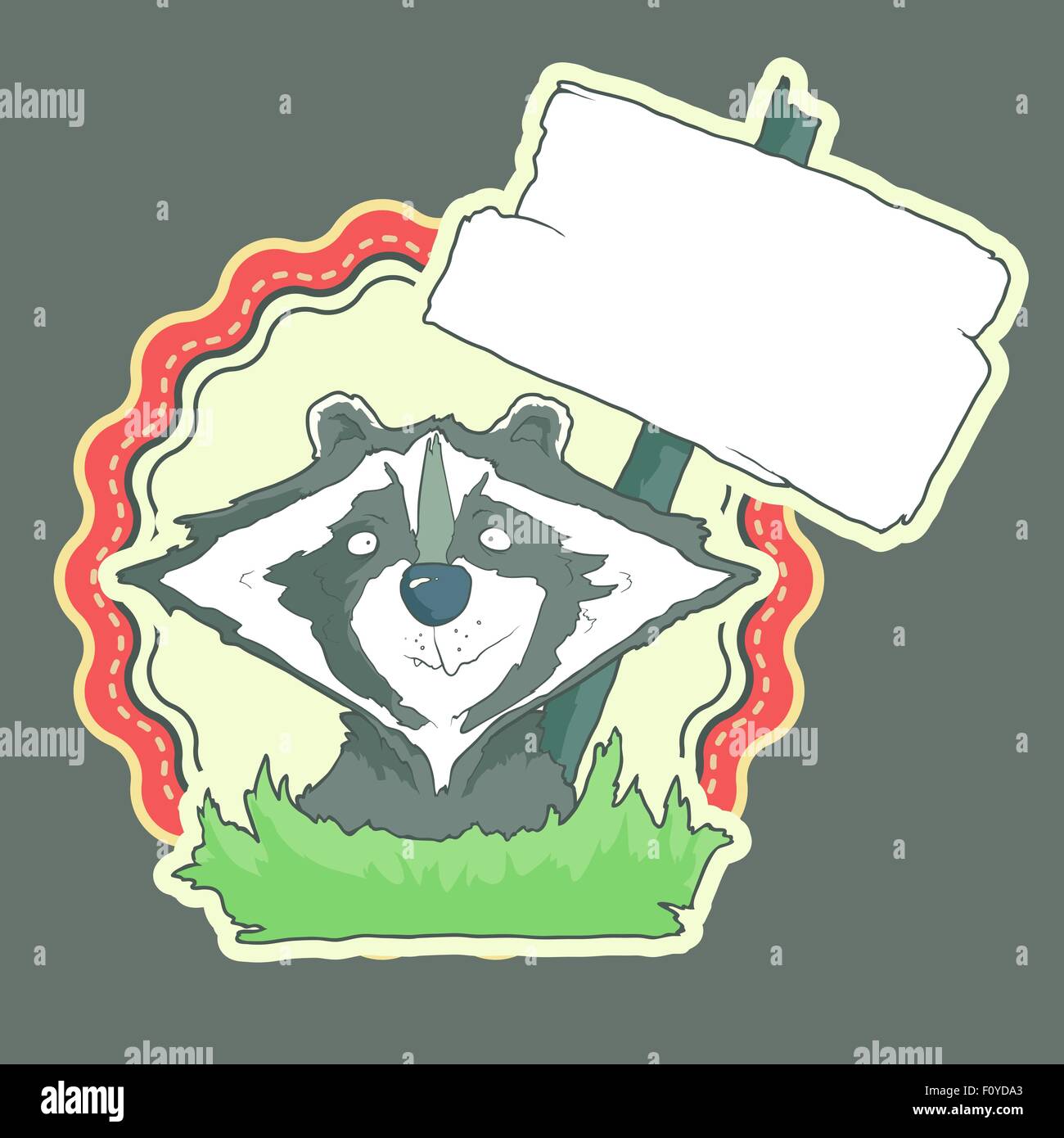 Hand Drawn Label of Character Racoon with wooden poster Isolated on ...