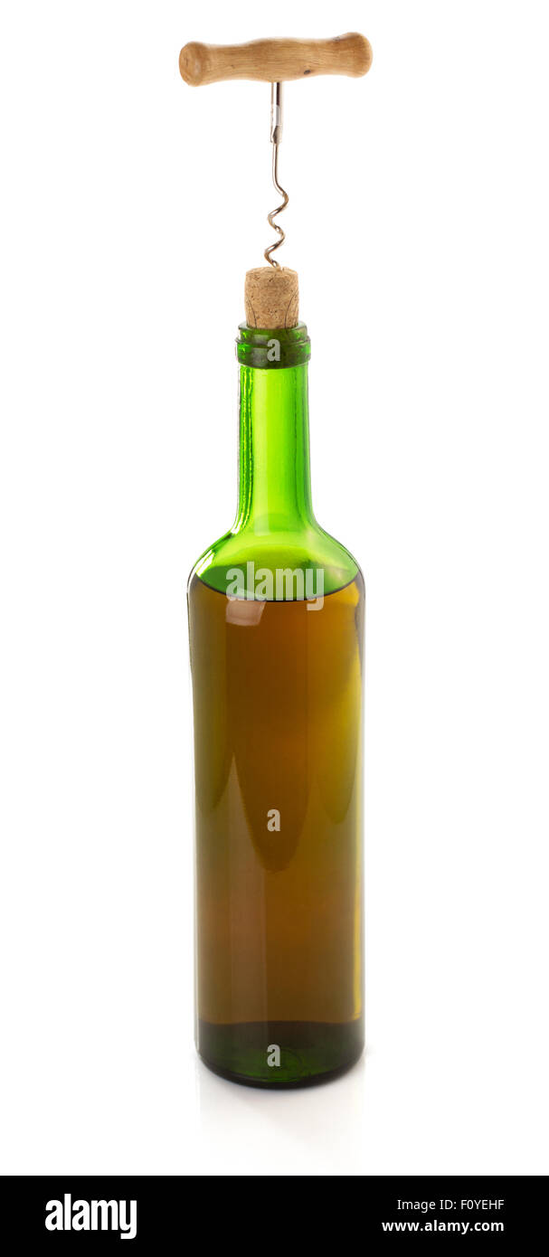 corkscrew and wine bottle isolated on white background Stock Photo - Alamy