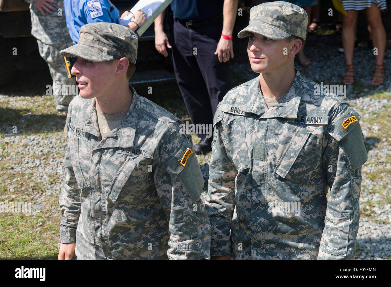 U.S. Army 1st Lt. Shaye Haver, left, and fellow soldier Captain Kristen Griest after graduation ceremonies at the Army Ranger school August 21, 2015 at Fort Benning, Georgia. Haver and fellow soldier 1st Lt. Kristen Griest became the first women to graduate from the 61-day-long Ranger course considered one of the most intense and demanding in the military. Stock Photo