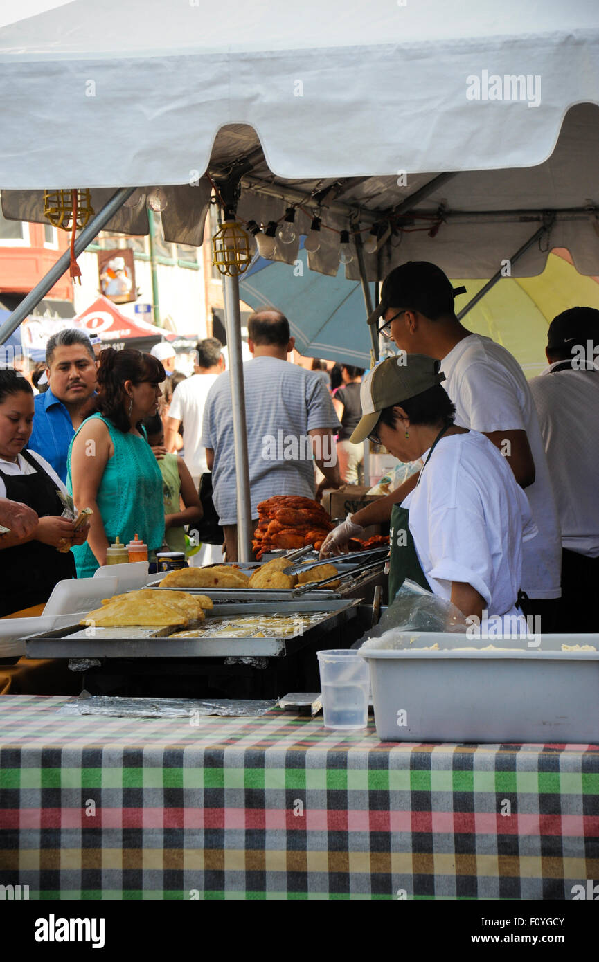 Mexican food being prepared at a local street festival in Chicago's Rogers Park neighborhood, Chicago, Illinois Stock Photo