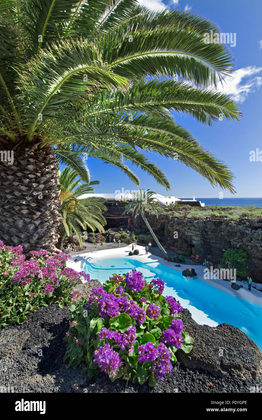 Jameos del Agua LANZAROTE Pool with palms and tropical plants with typical volcanic rock Lanzarote Canary Islands Spain Stock Photo