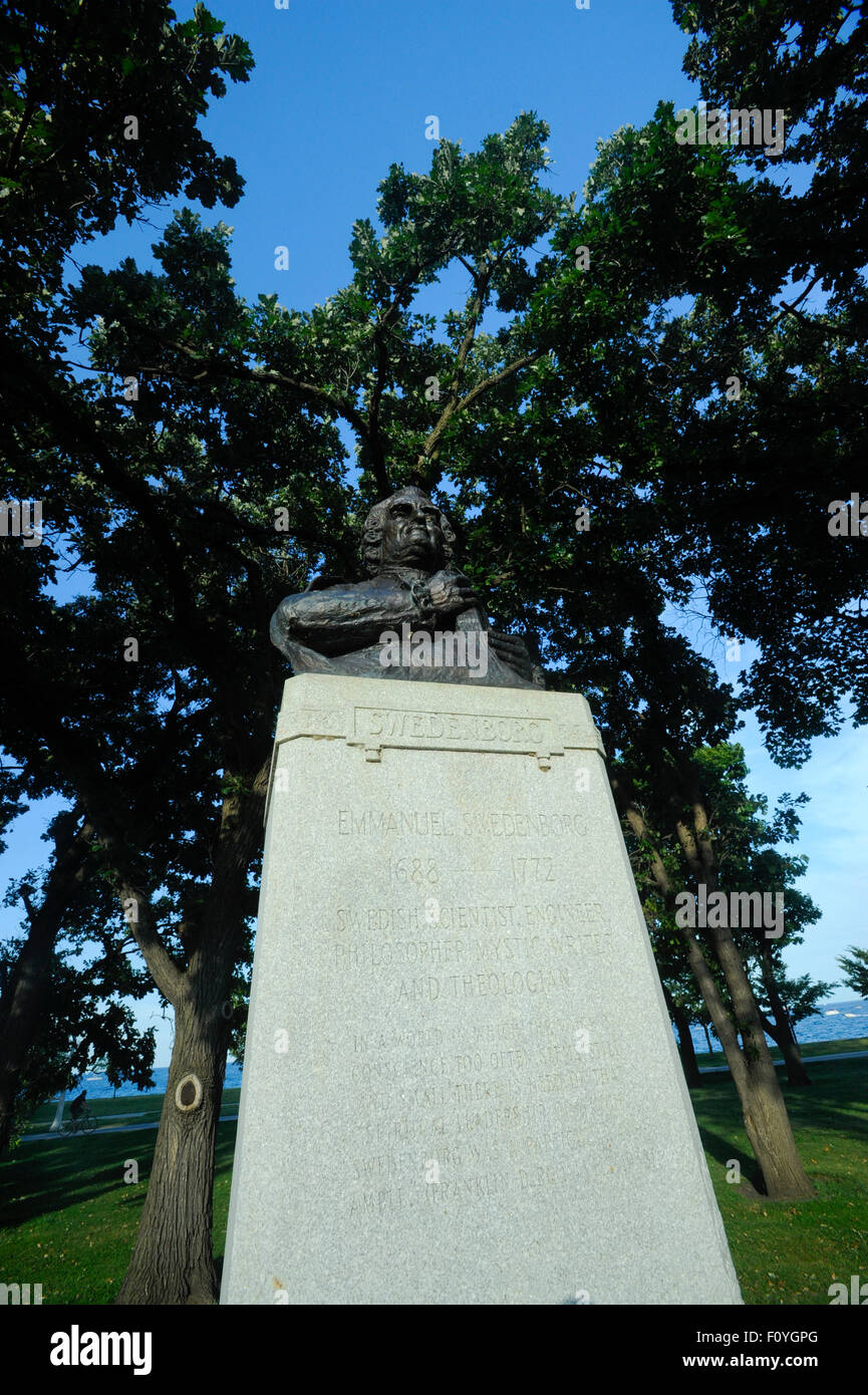 Emmanuel Swedenborg statue in Lincoln Park along the Lake Michigan shore at Diversey Harbor, Chicago, Illinois. Stock Photo