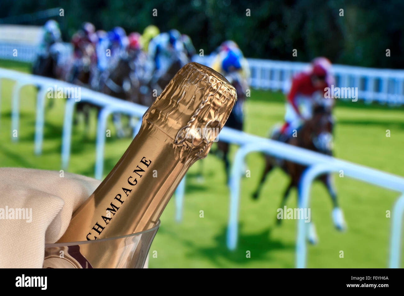 CHAMPAGNE HORSE RACES ASCOT RACING Luxury Champagne in ice bucket with Ladies Day Royal Ascot horse racing in background Ascot Berkshire UK Stock Photo