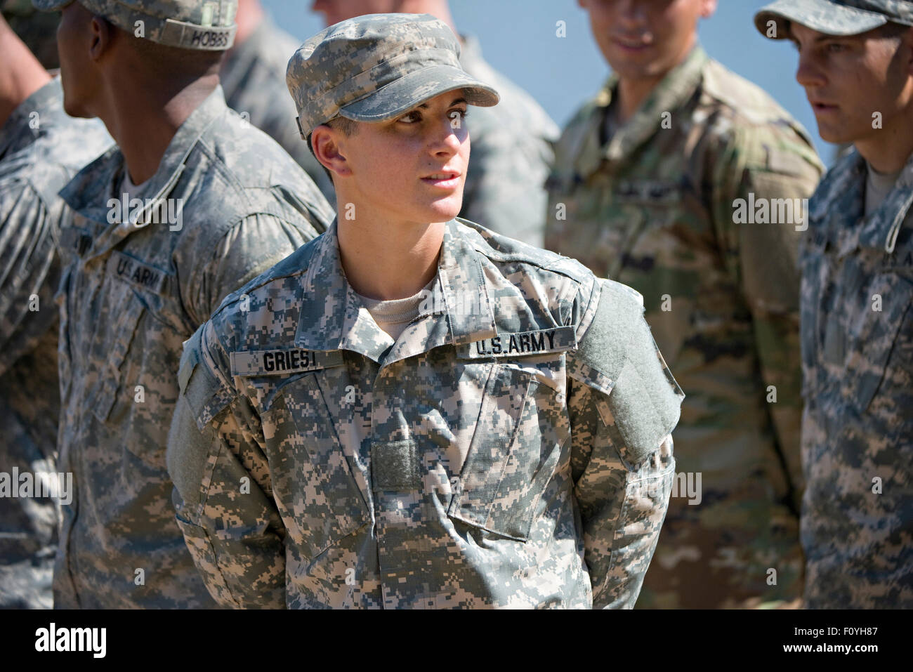 U.S. Army Captain Kristen Griest during graduation ceremonies at the Army Ranger school August 21, 2015 at Fort Benning, Georgia. Griest and fellow soldier 1st Lt. Shaye Haver became the first women to graduate from the 61-day-long Ranger course considered one of the most intense and demanding in the military. Stock Photo