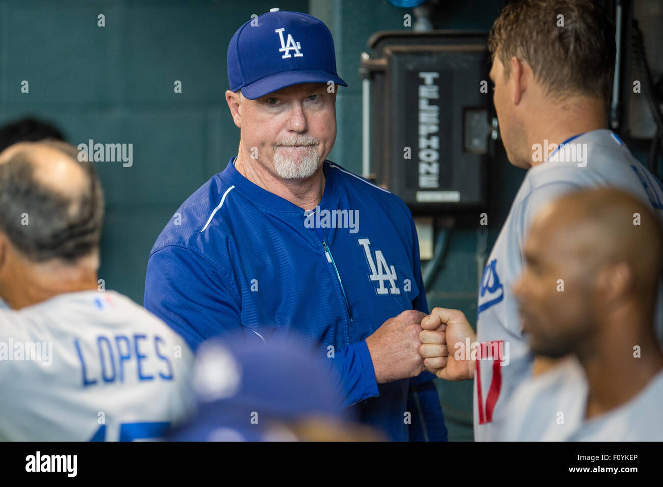 Houston, TX, USA. 23rd Aug, 2015. Los Angeles Dodgers batting coach Mark McGwire (25) bumps fists with Los Angeles Dodgers catcher A.J. Ellis (17) in the dugout prior to a Major League Baseball game between the Houston Astros and the Los Angeles Dodgers at Minute Maid Park in Houston, TX. Trask Smith/CSM/Alamy Live News Stock Photo