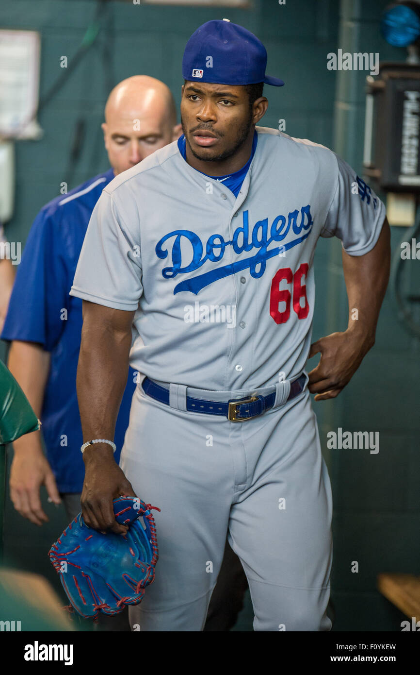 Houston, TX, USA. 23rd Aug, 2015. Los Angeles Dodgers right fielder Yasiel Puig (66) in the dugout prior to a Major League Baseball game between the Houston Astros and the Los Angeles Dodgers at Minute Maid Park in Houston, TX. Trask Smith/CSM/Alamy Live News Stock Photo