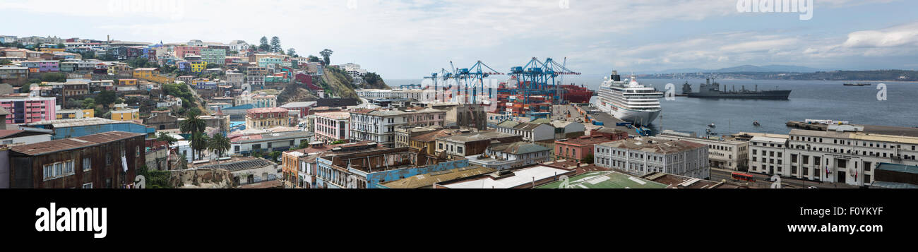 Port, hills and docks panorama, Valparaiso, Chile Stock Photo