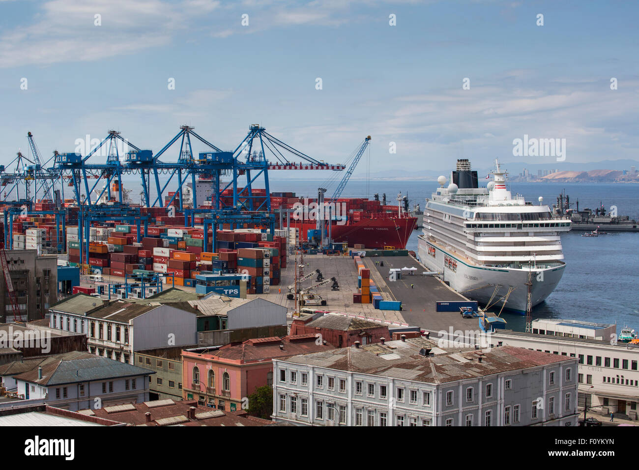 Cruise ship and naval vessel, Valparaiso, Chile Stock Photo