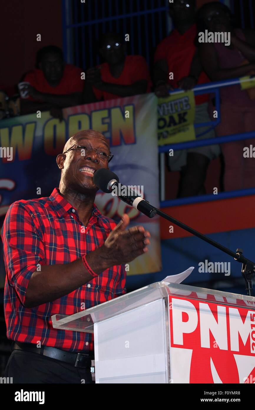 Arouca, Trinidad. 22nd August, 2015. Dr. Keith Christopher Rowley, Leader of Opposition and Member of the House of Parliament, addresses People's National Movement (PNM) constituents for Lopinot/Bonaire West as part of the General Elections campaign on August 22, 2015 in Arouca, Trinidad.  Dr. Rowley is a candidate to become Prime Minister when elections are held on September 07, 2015.  (Photo by Sean Drakes/Alamy Live News) Stock Photo