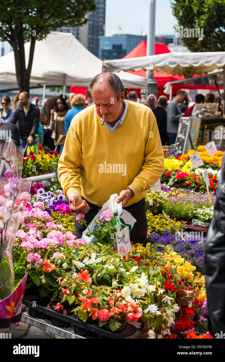 Flower stalls at the La Batte Sunday market in Liege, Belgium Stock