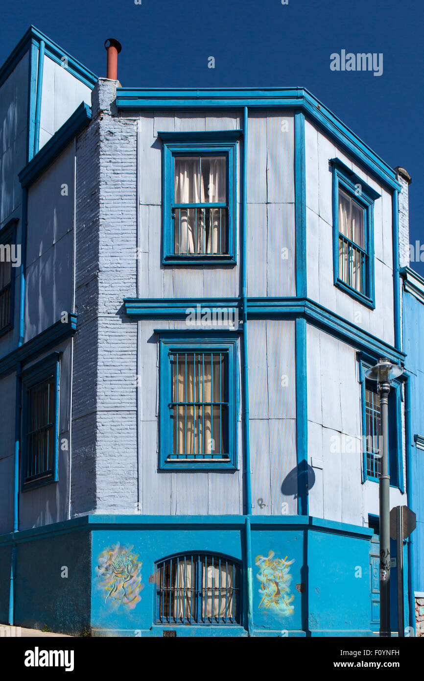 Old blue house in Valparaiso, Chile Stock Photo