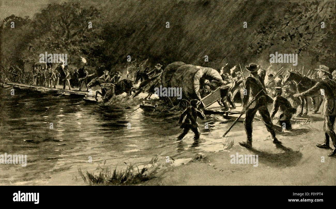 Retreat from Gettysburg - Accident during the night crossing of the Potomac on a Pontoon Bridge, USA Civil War, 1863 Stock Photo