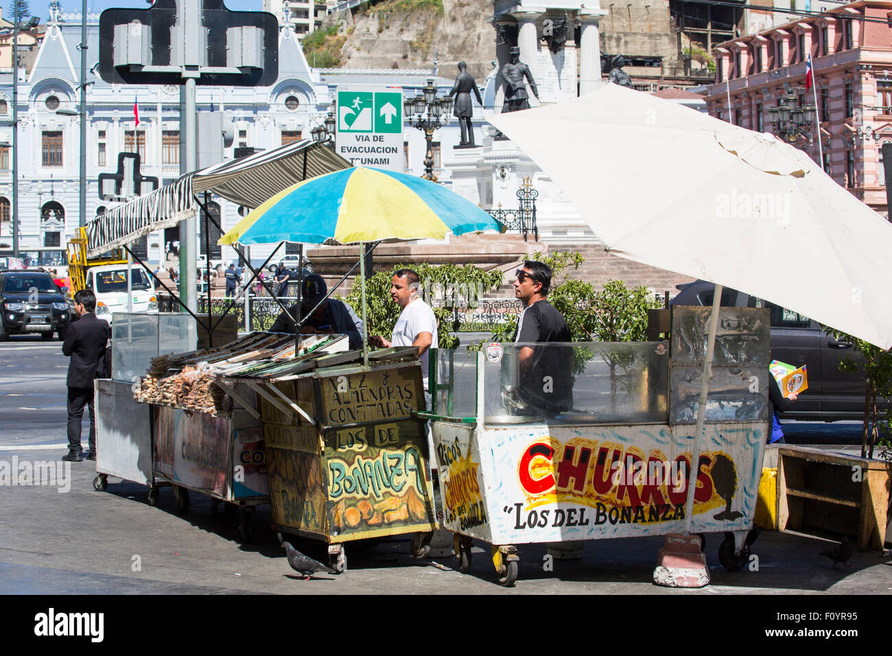 Food stands in Plaza Sotomayor, Valparaiso, Chile Stock Photo