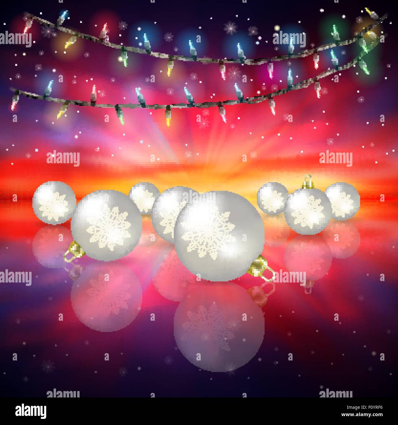 Abstract red sunrise background with Christmas lights and stars Stock Vector