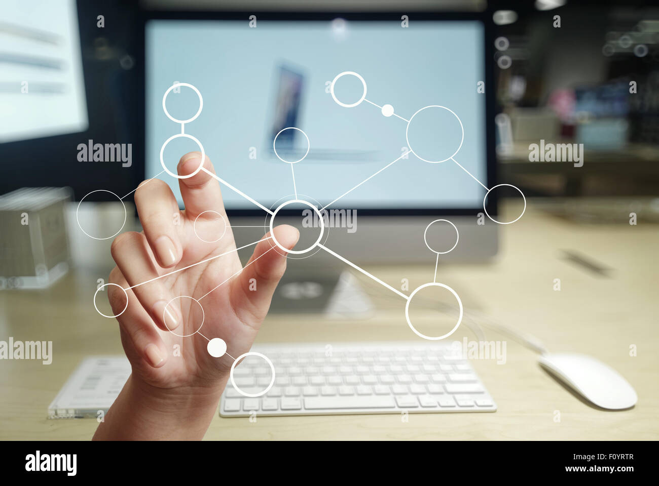 close up of hand drawing blank flow chart on new modern computer as ...
