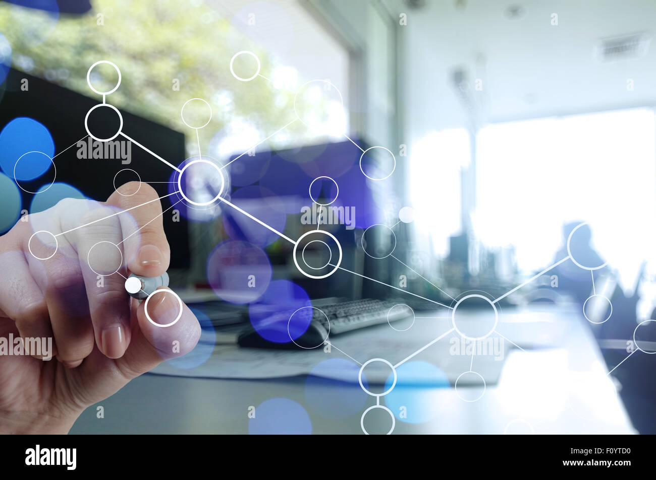 double exposure of businessman hand working with blank net work diagram ...