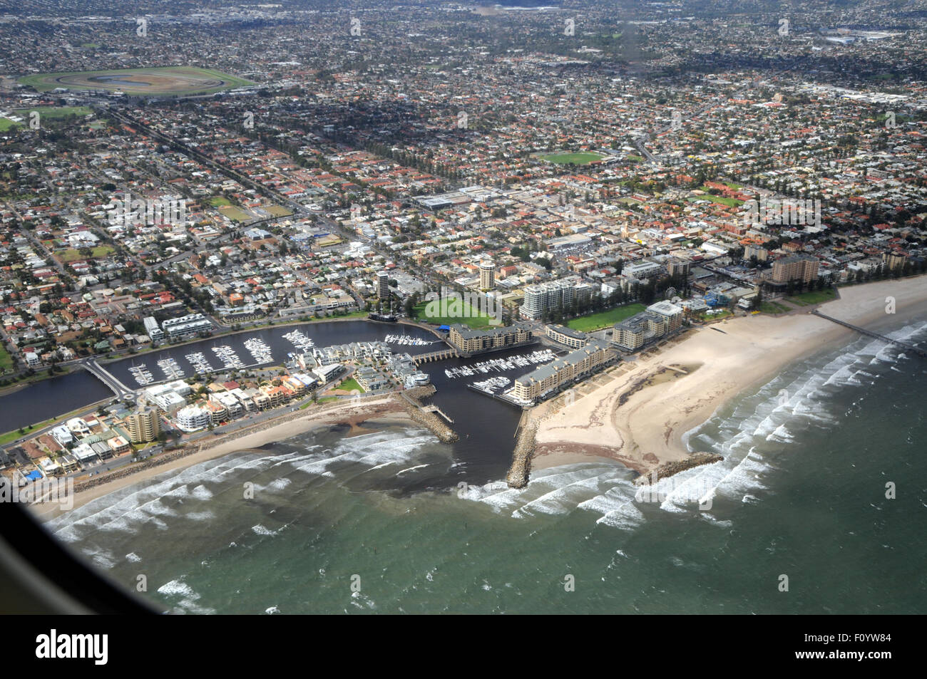 Aerial view of Glenelg, South Australia, showing boat haven and  where Patawalonga River flows into the sea. Stock Photo