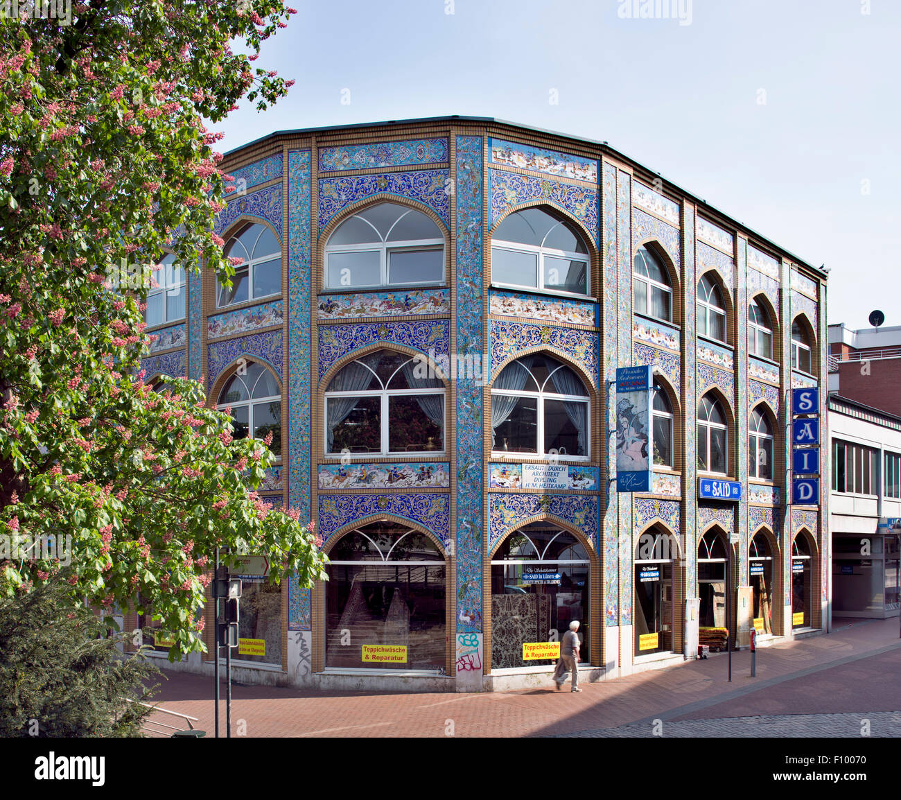Commercial building with Oriental facade decorations, Lünen, Ruhr district, North Rhine-Westphalia, Germany Stock Photo